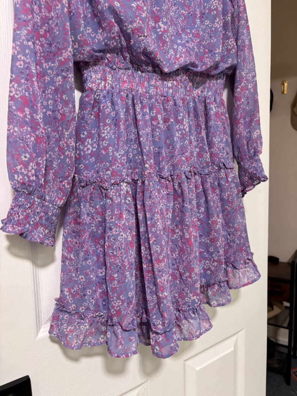 Floral Long Sleeve Ruffle Mini Dress | Lavender Bohemian Dress (Large) - Picture 10 of 10